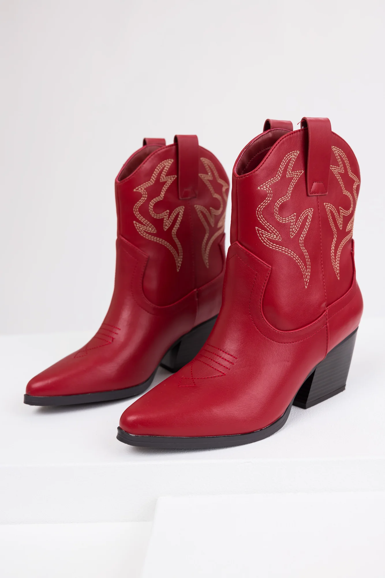 Burgundy Western Ankle Booties with Stitch Detail - Womens Fashion Shoes