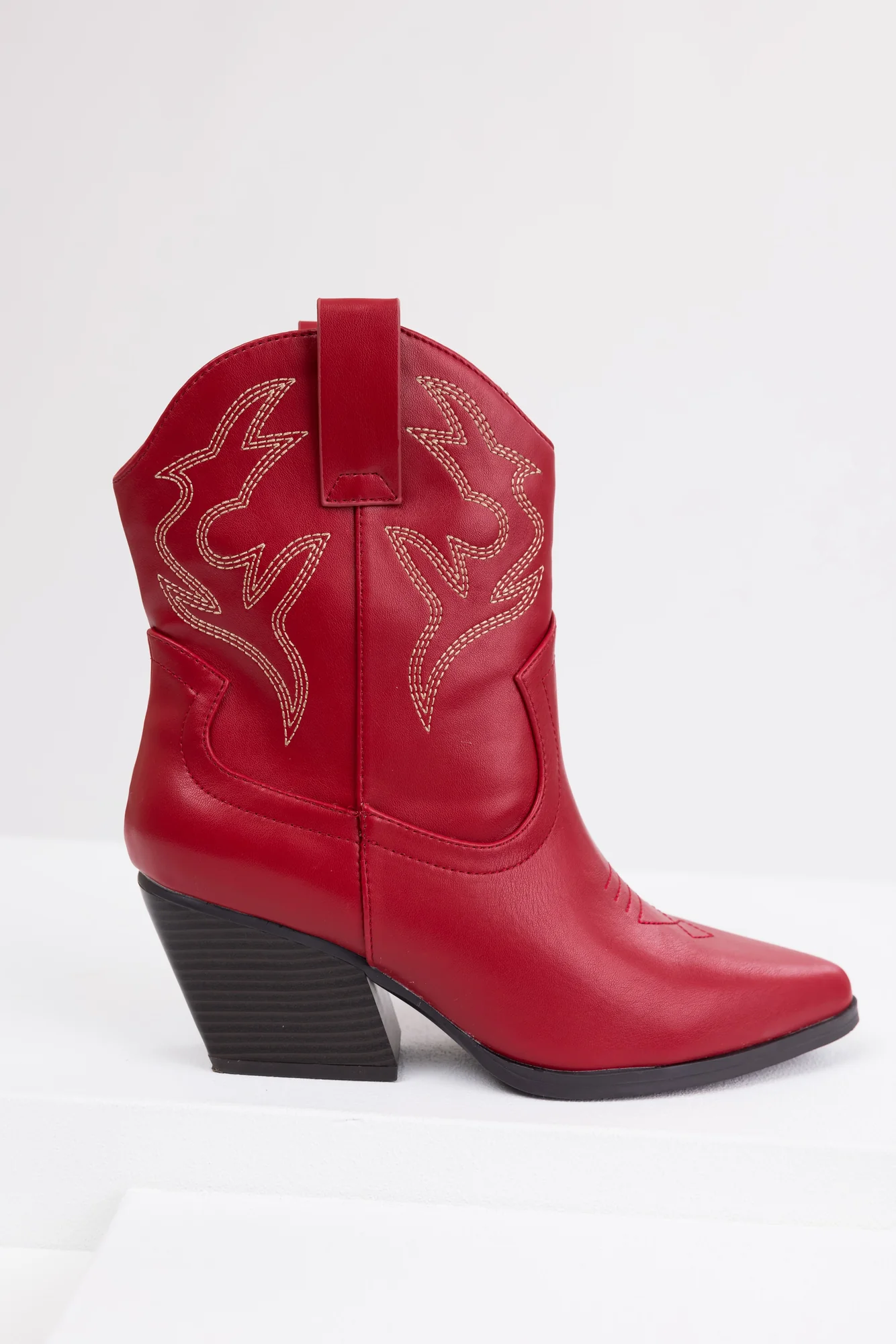 Burgundy Western Ankle Booties with Stitch Detail - Womens Fashion Shoes