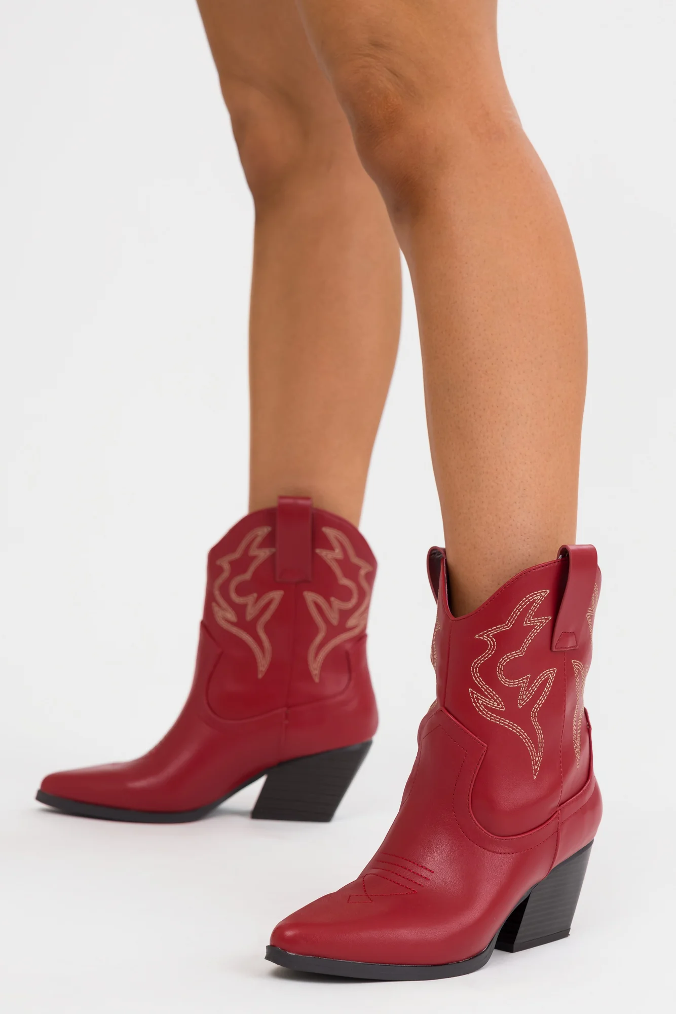 Burgundy Western Ankle Booties with Stitch Detail - Womens Fashion Shoes