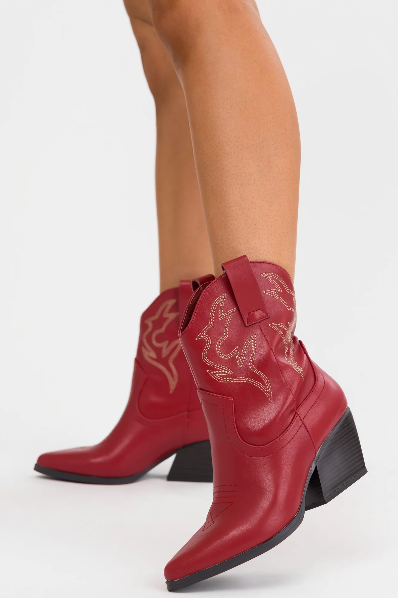 Burgundy Western Ankle Booties with Stitch Detail - Womens Fashion Shoes