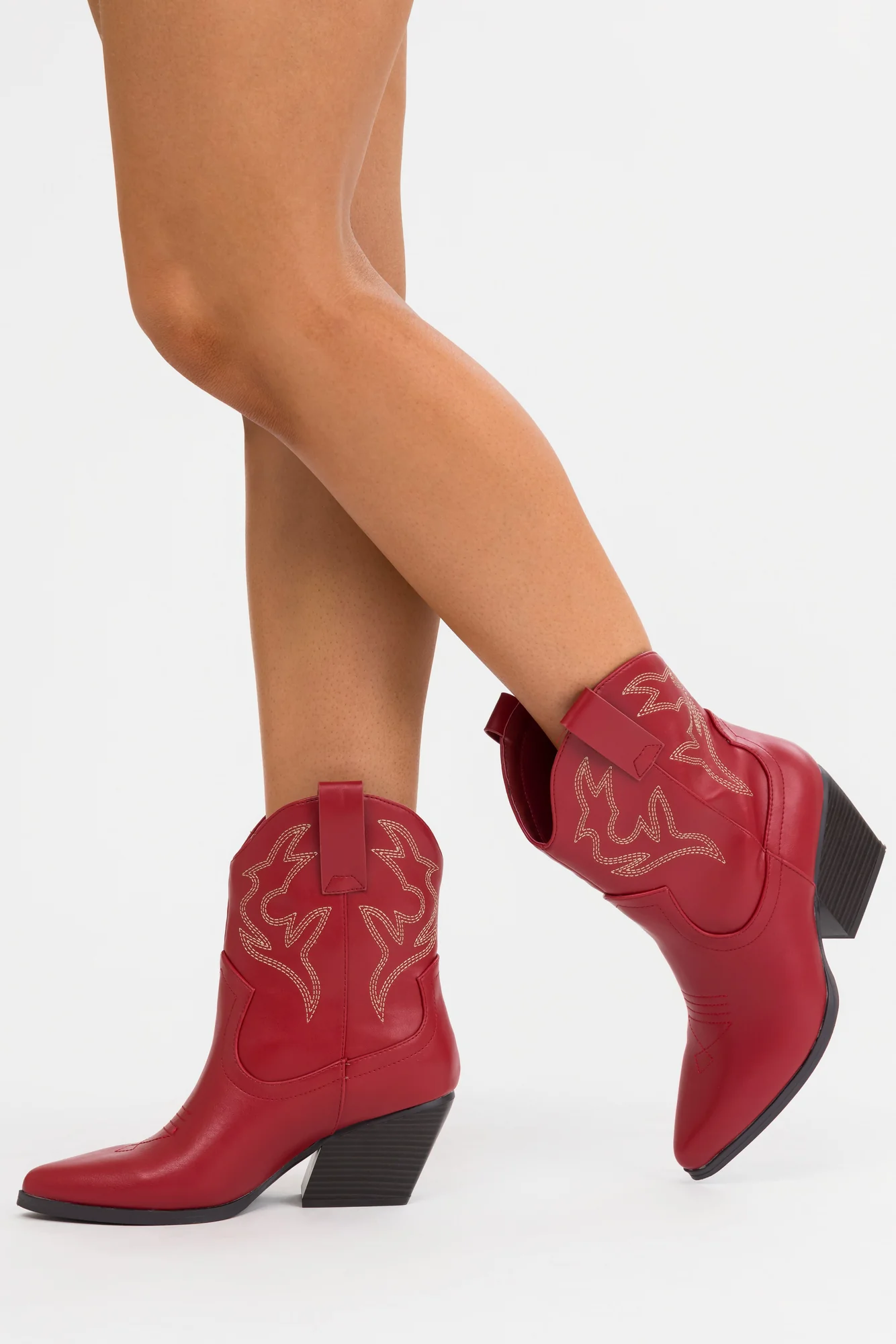 Burgundy Western Ankle Booties with Stitch Detail - Womens Fashion Shoes
