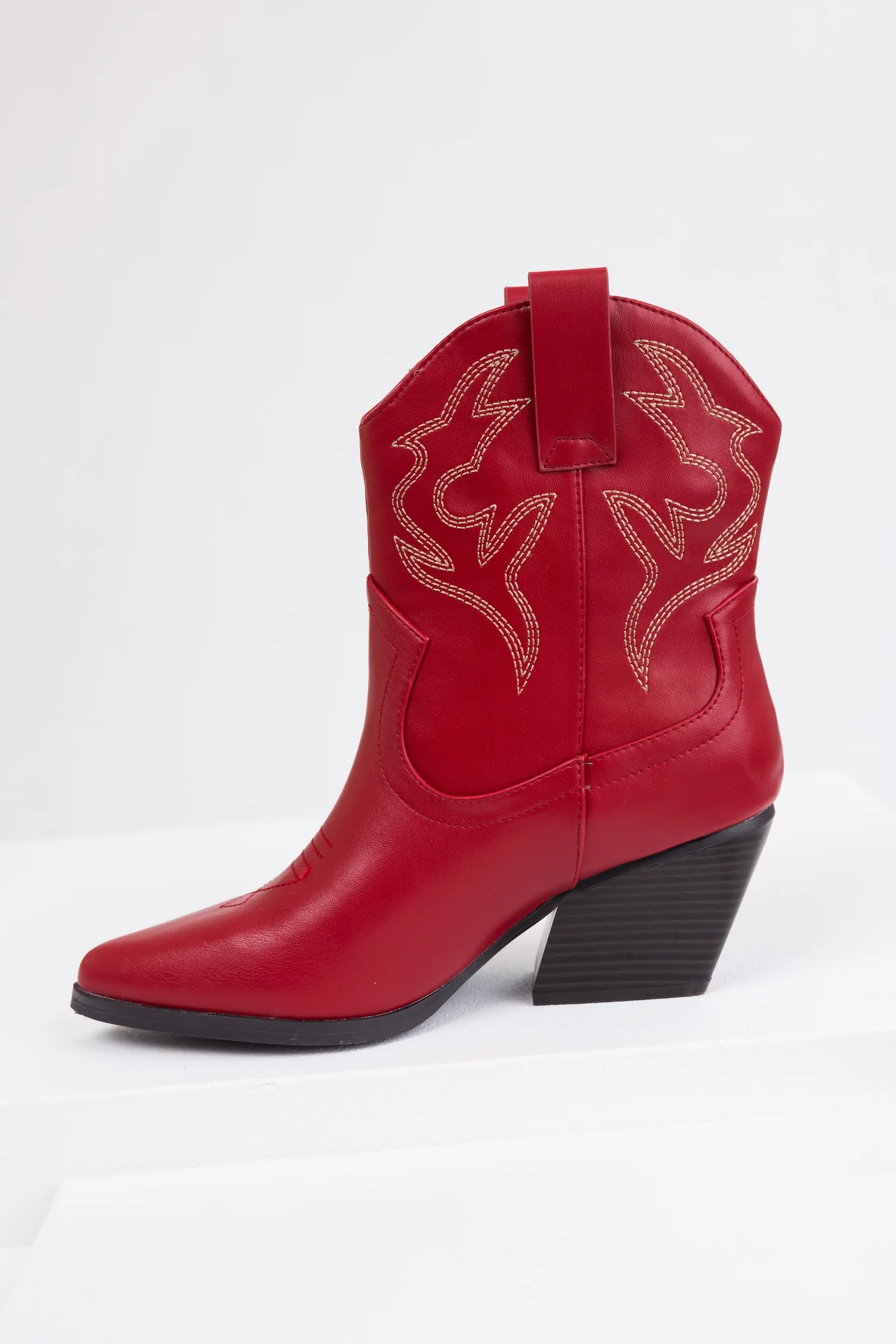 Burgundy Western Ankle Booties with Stitch Detail - Womens Fashion Shoes