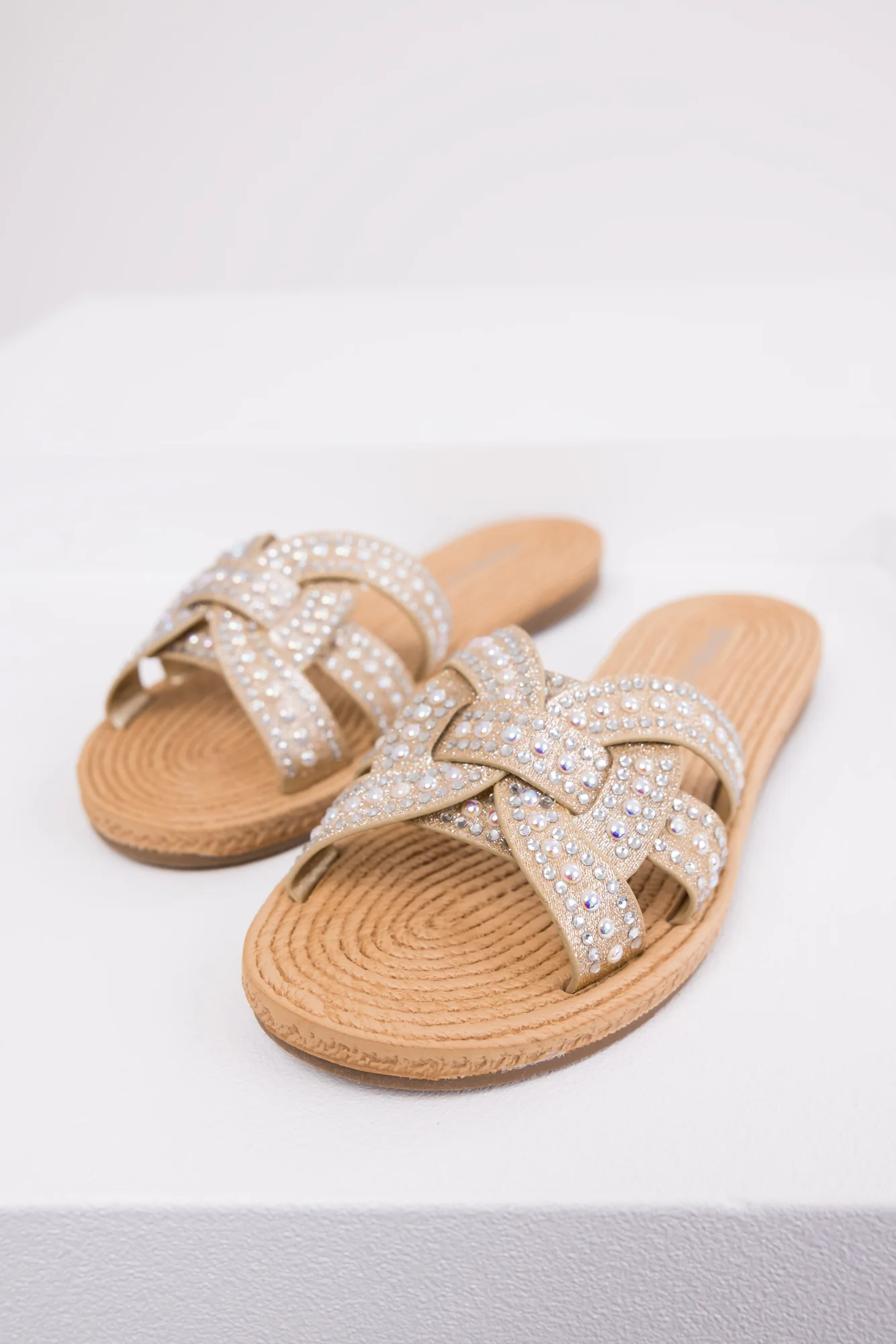 Gold Rhinestone Twisted Strap Sandal Flats Women