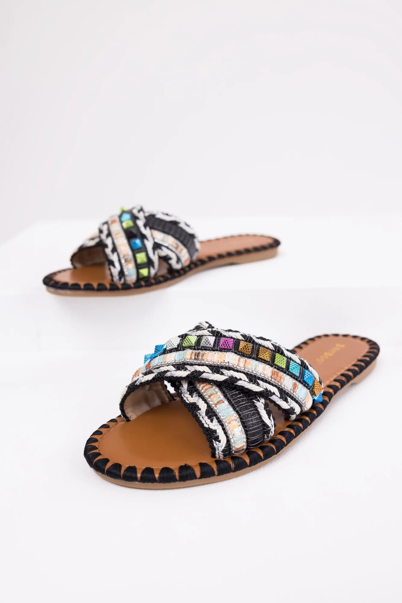 Boho Style Black Crisscross Strap Sandals