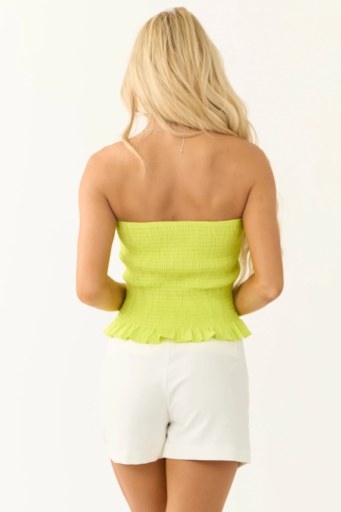 Green Cotton Smocked Strapless Tank Top
