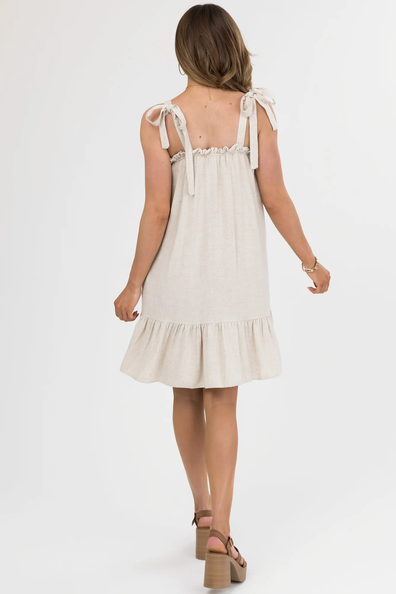 Taupe Linen Ruffle Mini Dress with Adjustable Straps