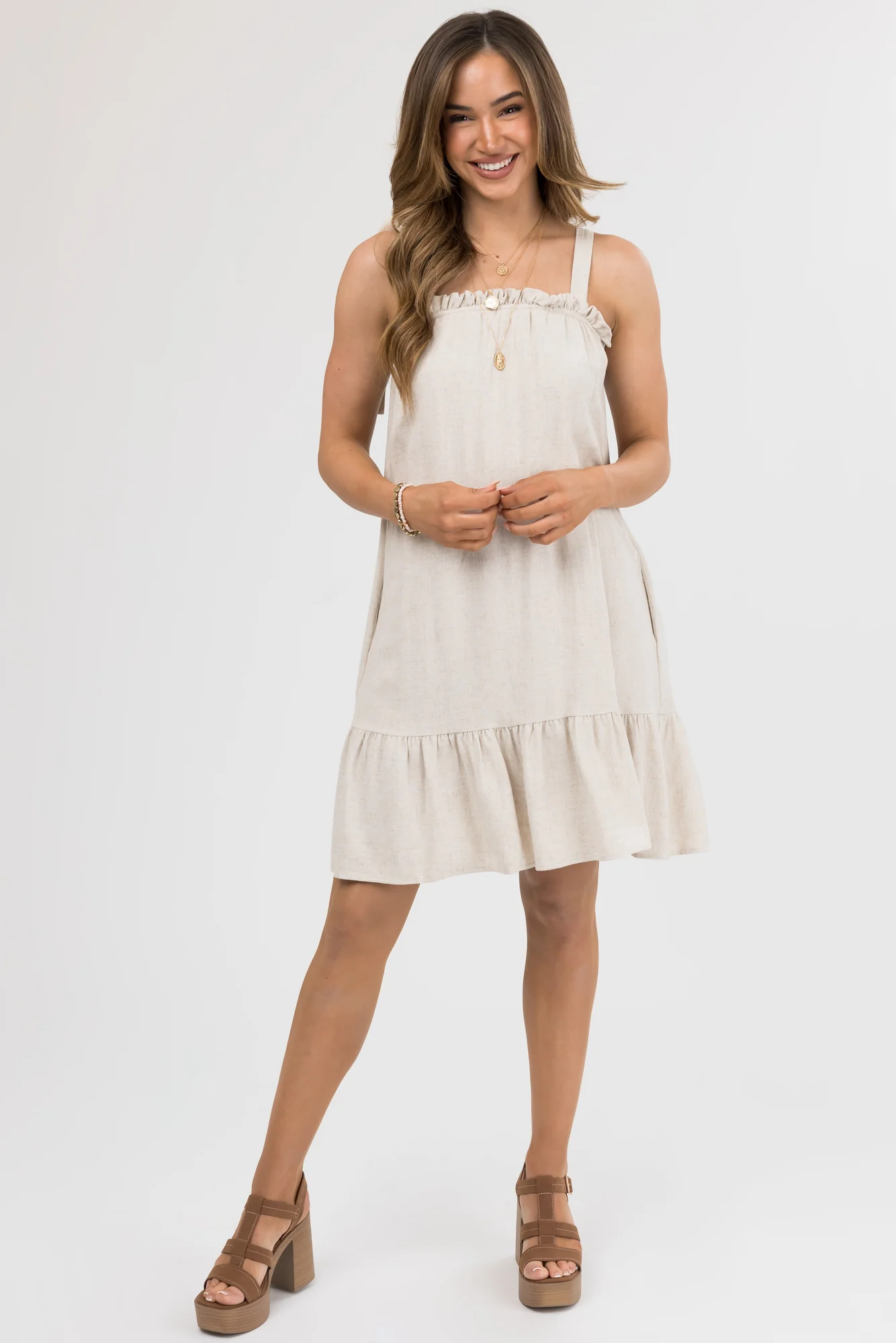 Taupe Linen Ruffle Mini Dress with Adjustable Straps