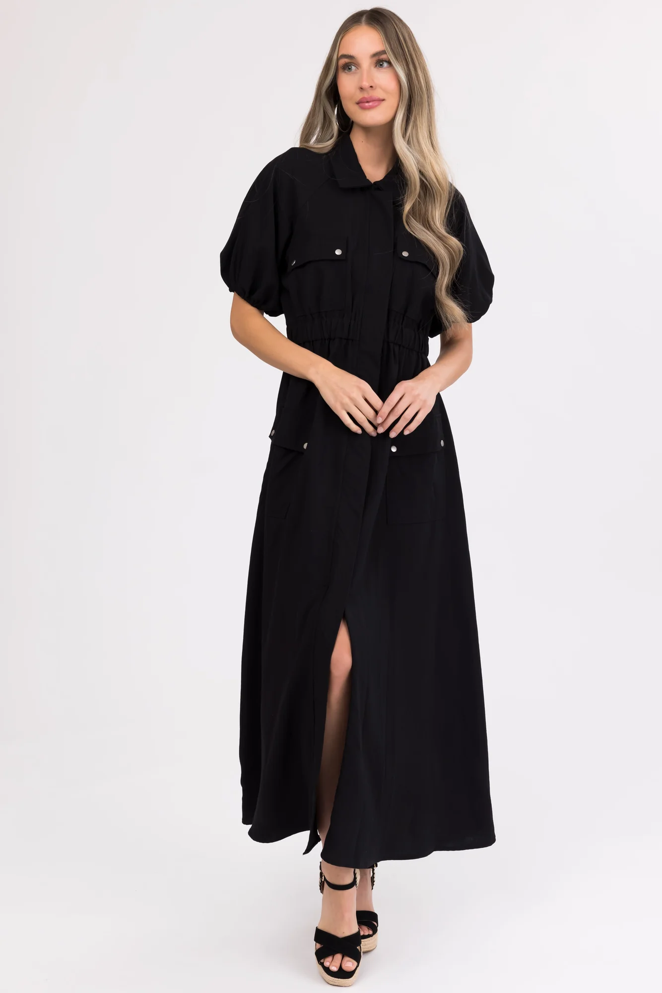 Black Maxi Shirt Dress with Zipper Front