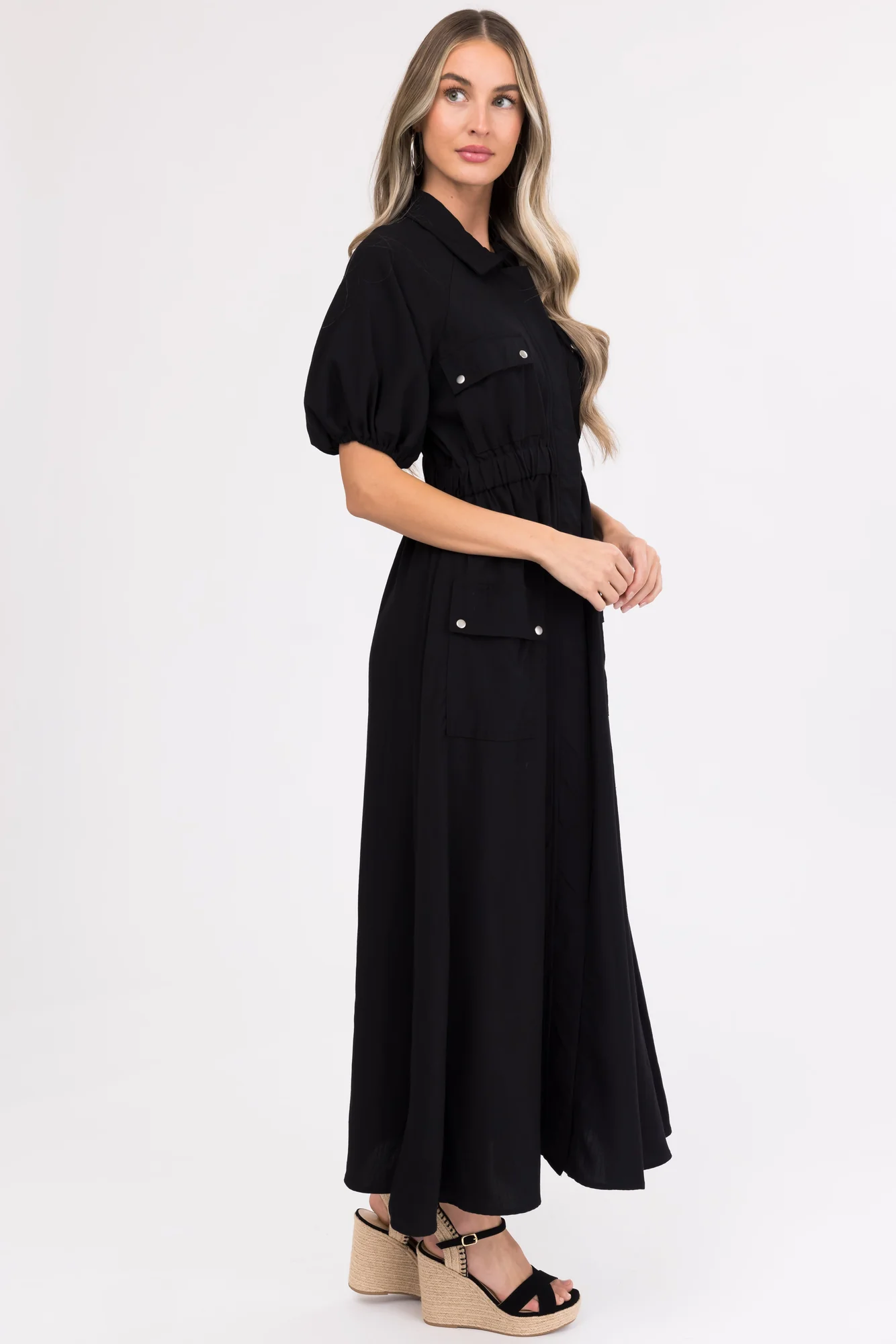 Black Maxi Shirt Dress with Zipper Front