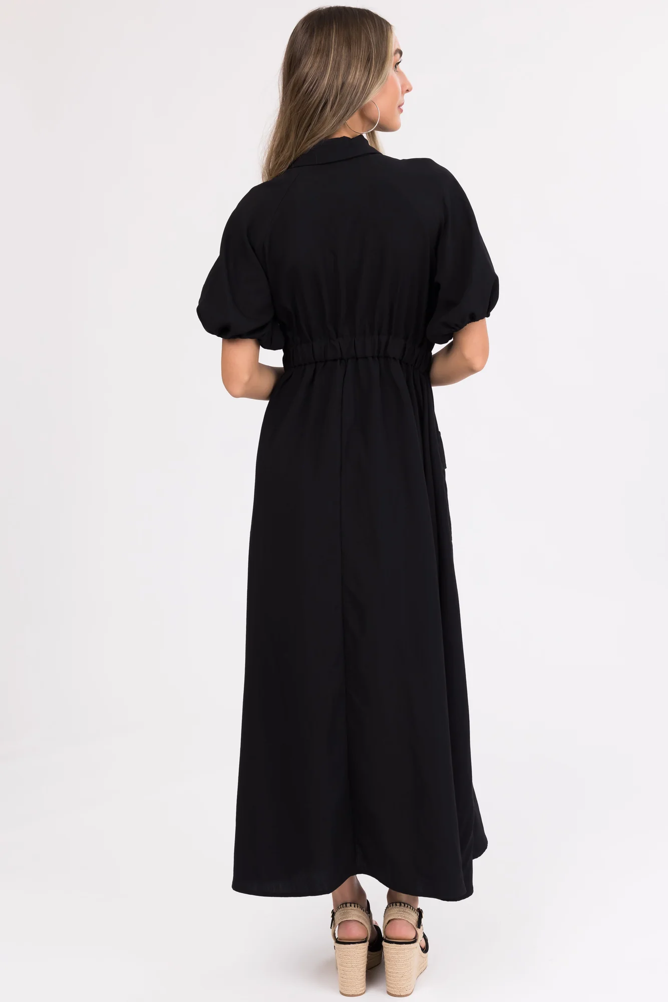 Black Maxi Shirt Dress with Zipper Front