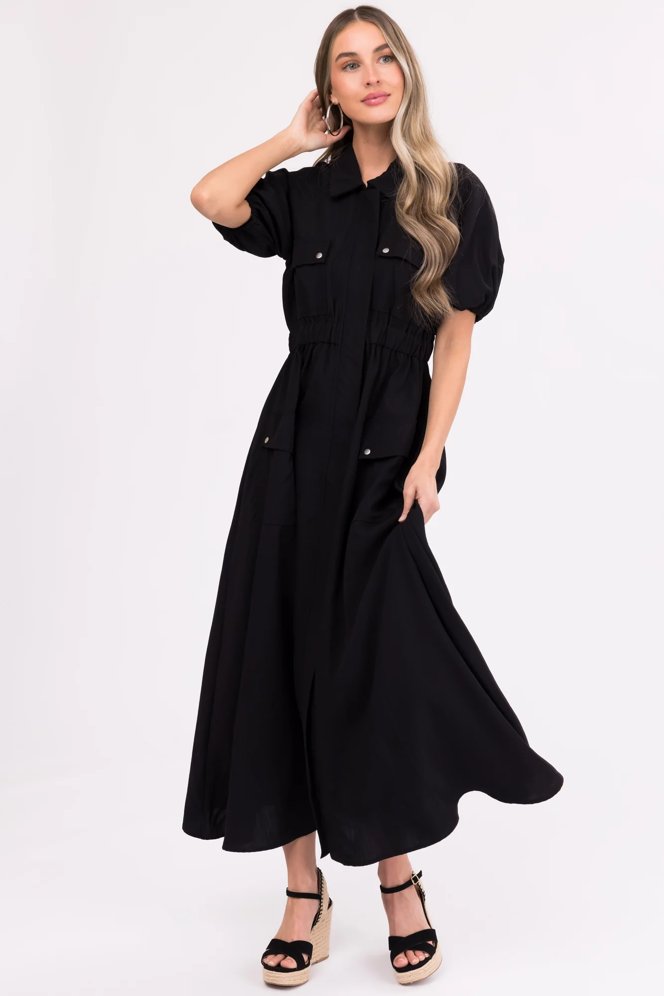 Black Maxi Shirt Dress with Zipper Front