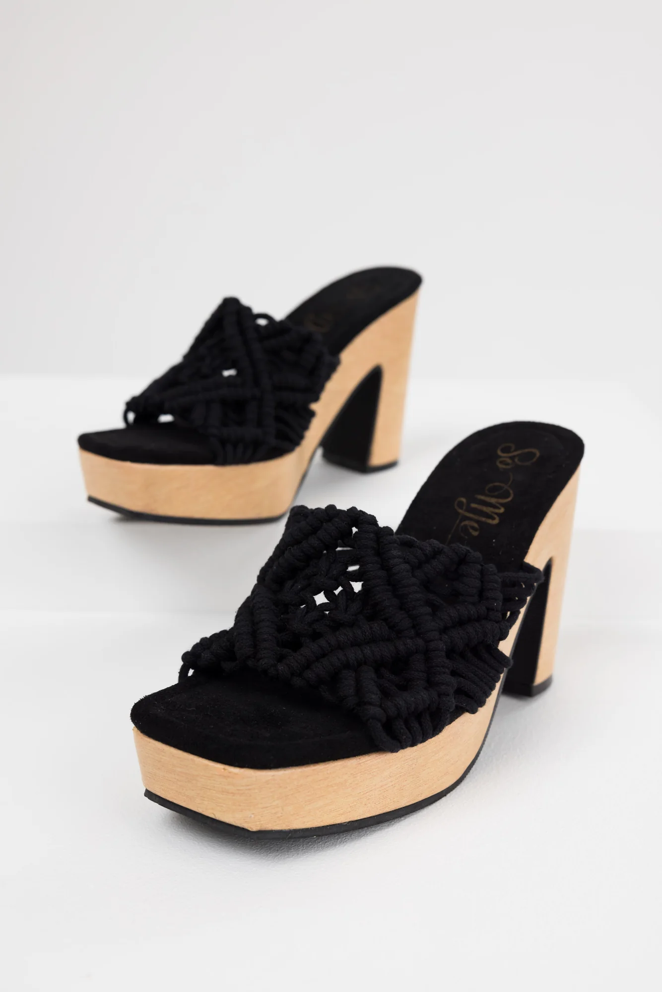 Black Crochet Block Heel Platform Sandals
