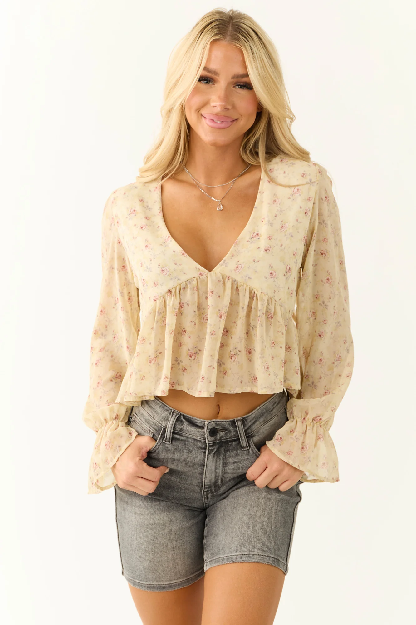 Floral Print Deep V Neck Long Sleeve Top in Honeysuckle Periwinkle