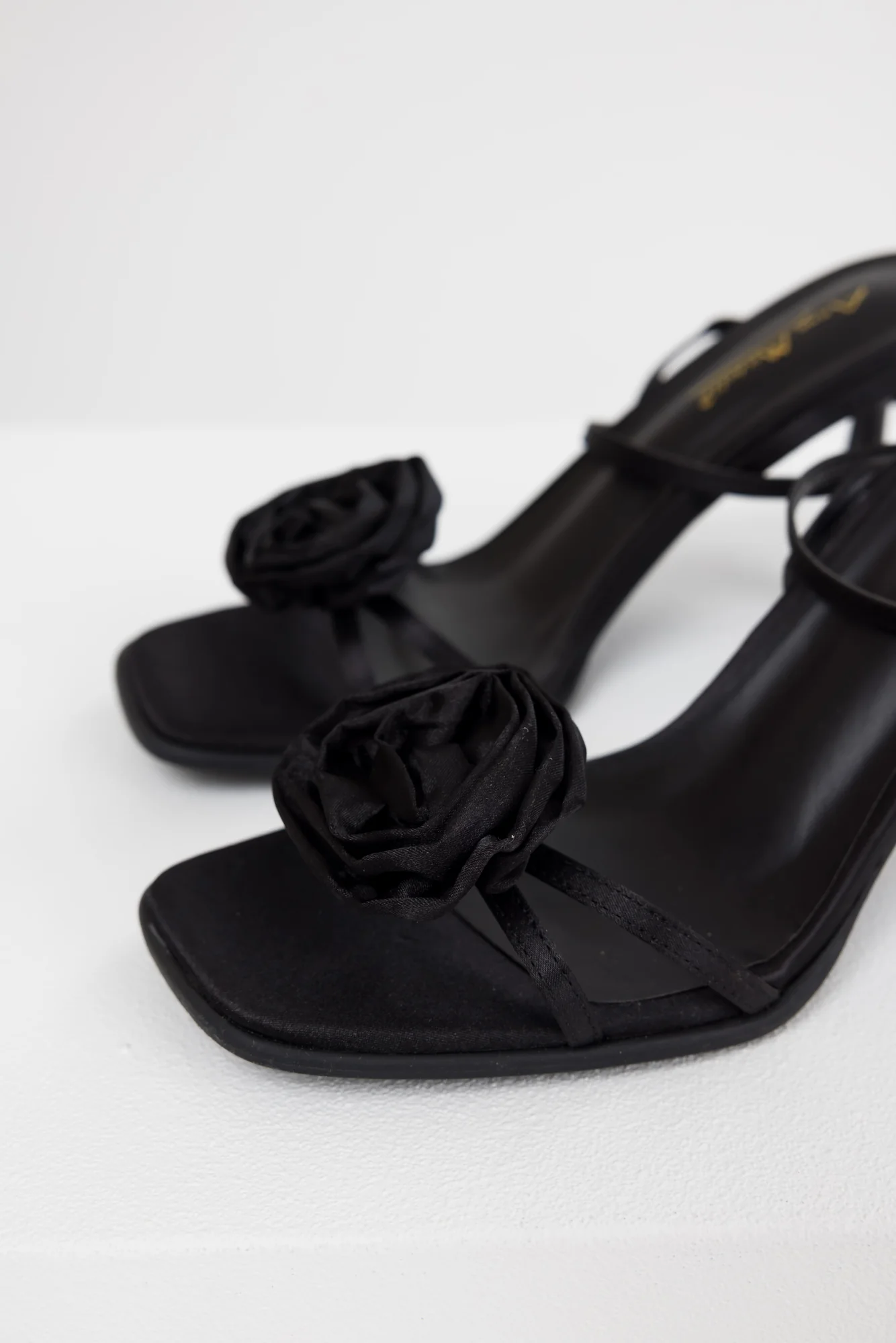 Black Satin Floral Strap Heeled Dress Sandals