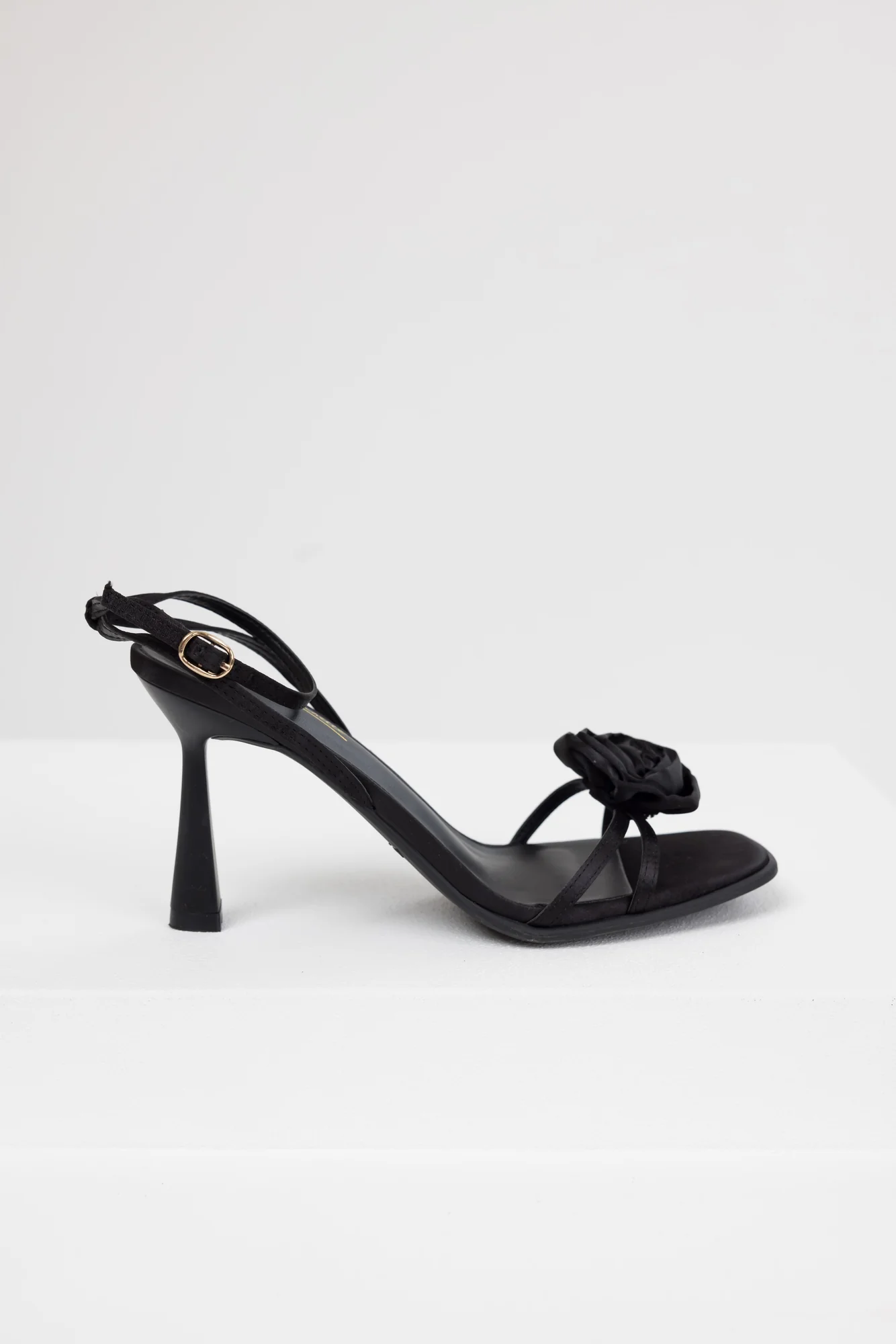 Black Satin Floral Strap Heeled Dress Sandals