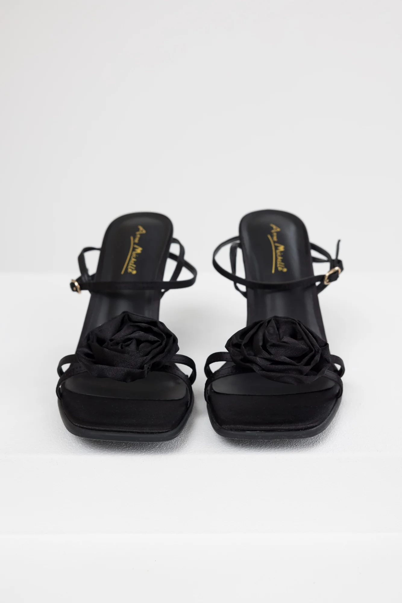 Black Satin Floral Strap Heeled Dress Sandals