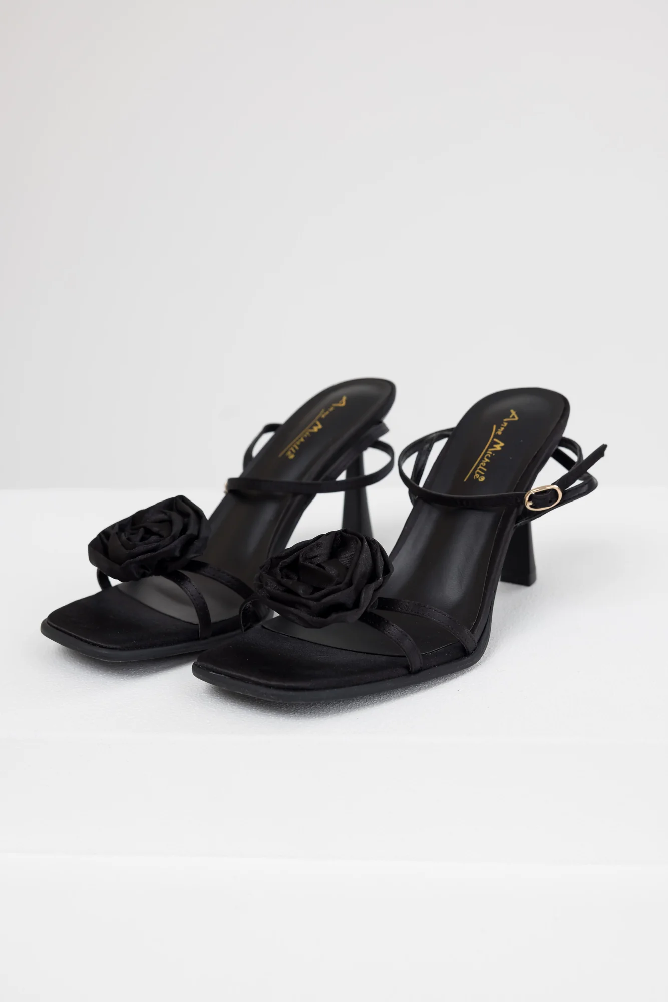 Black Satin Floral Strap Heeled Dress Sandals