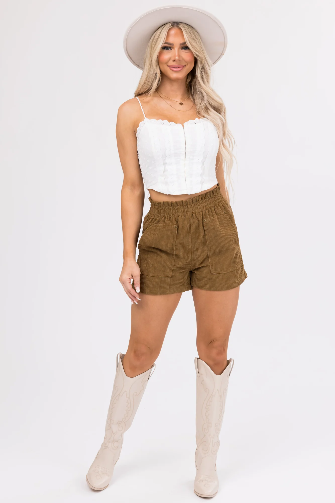 Brown Corduroy Elastic Waist Shorts