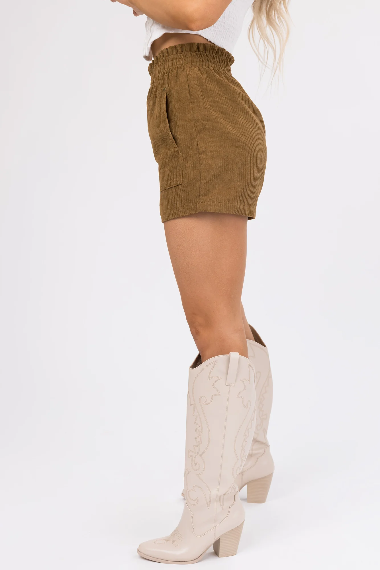 Brown Corduroy Elastic Waist Shorts