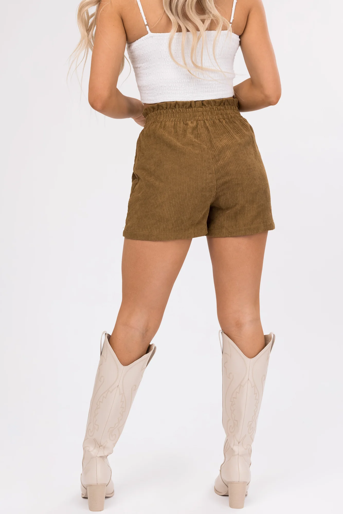 Brown Corduroy Elastic Waist Shorts