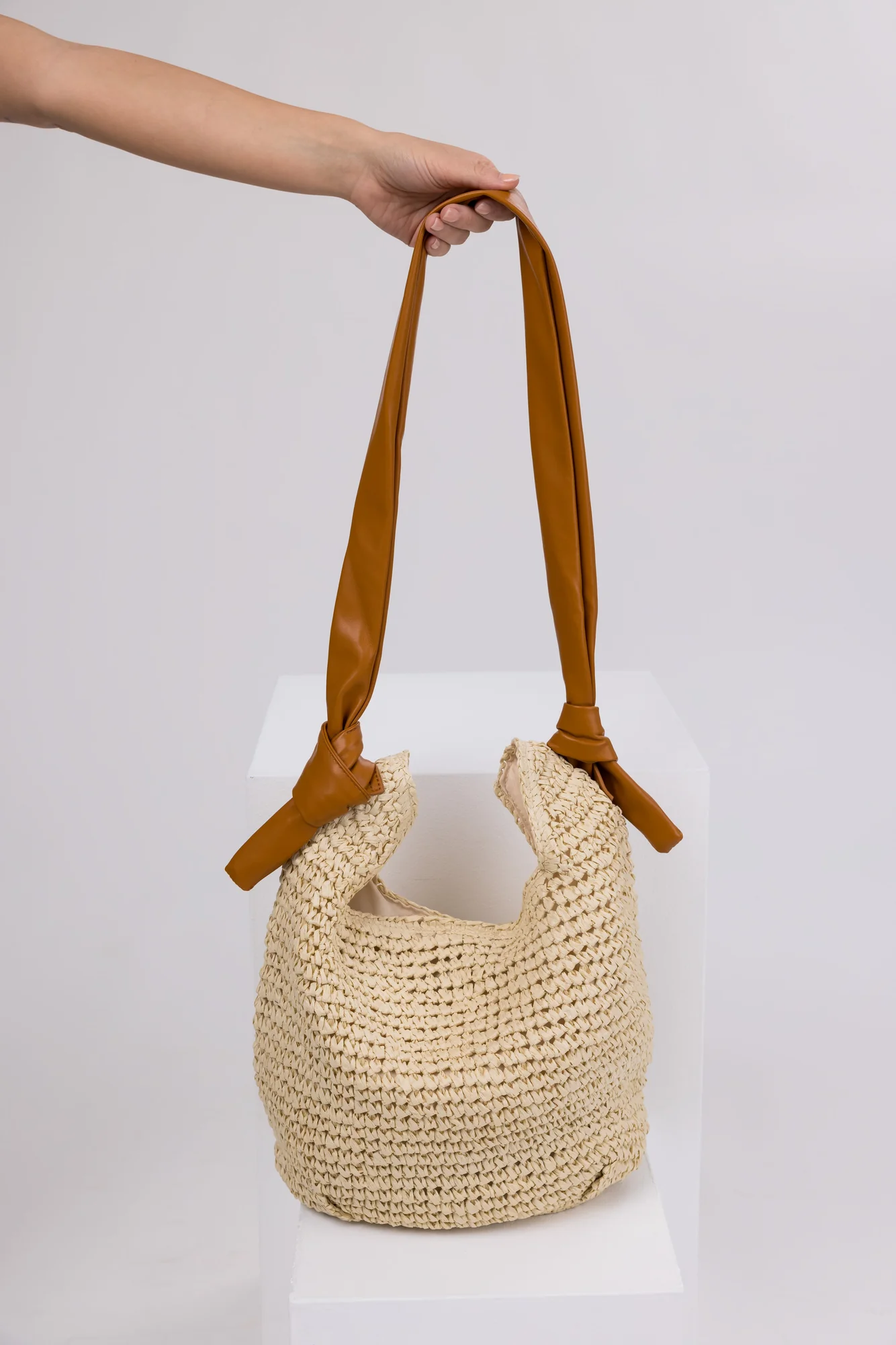Cream Raffia Straw Tote with Faux Leather Handle