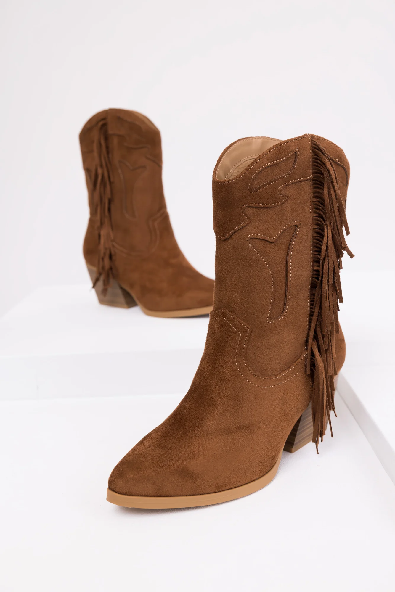 Brown Fringed Embroidered Heeled Western Boots
