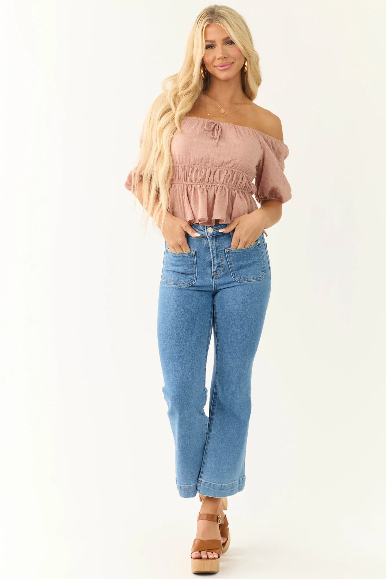 Pink Square Neck Peplum Blouse