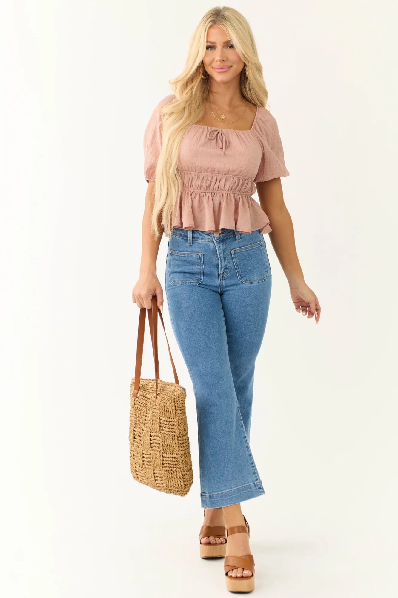 Pink Square Neck Peplum Blouse