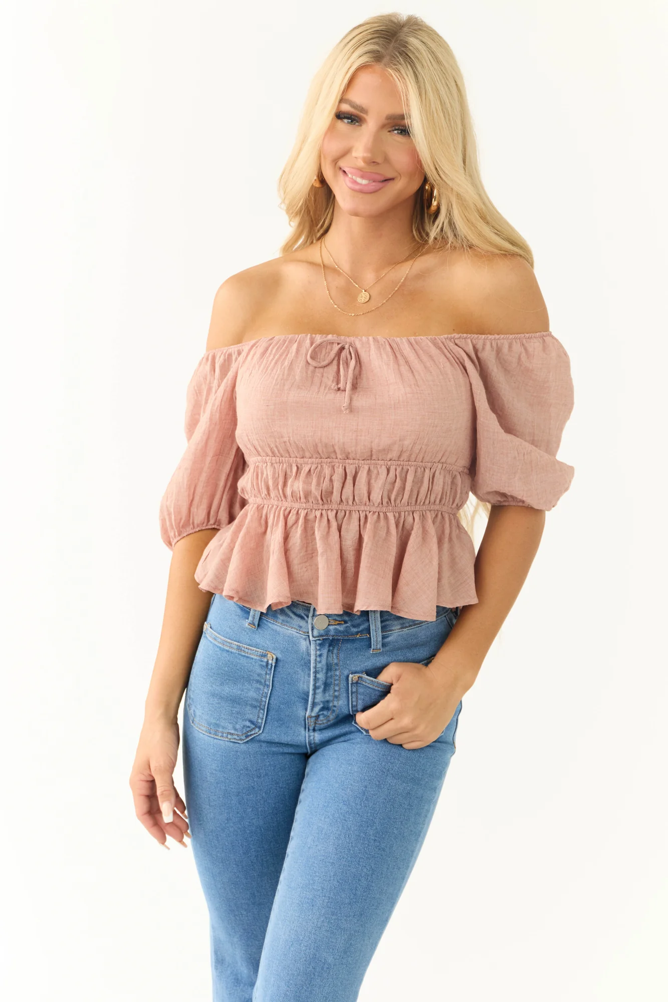 Pink Square Neck Peplum Blouse
