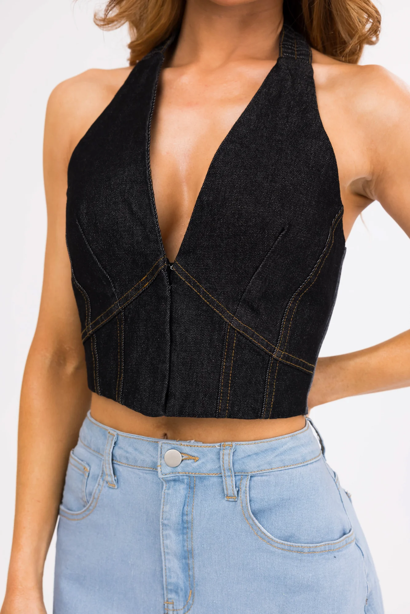 Black Denim Halter Neck Crop Tank Top