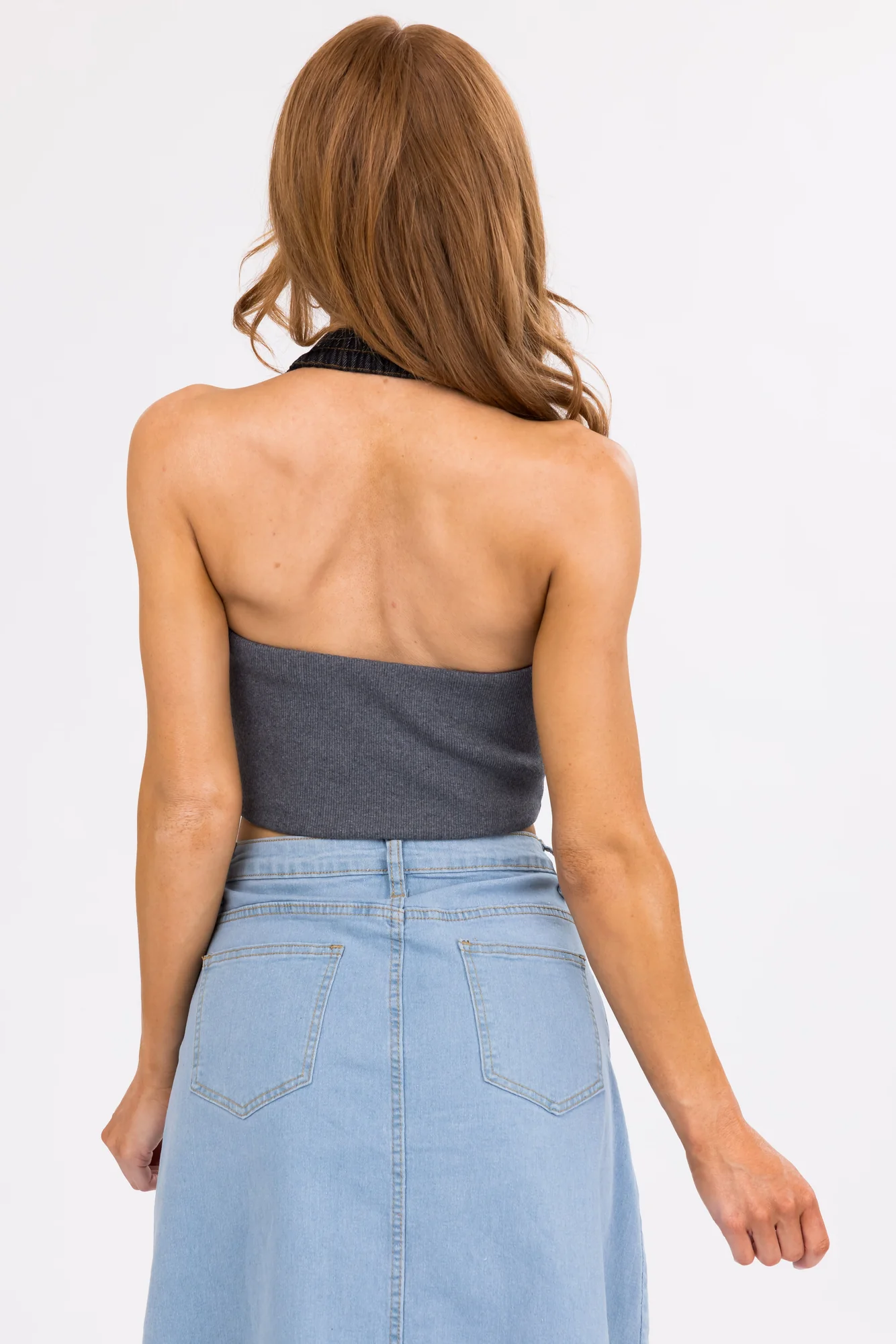 Black Denim Halter Neck Crop Tank Top