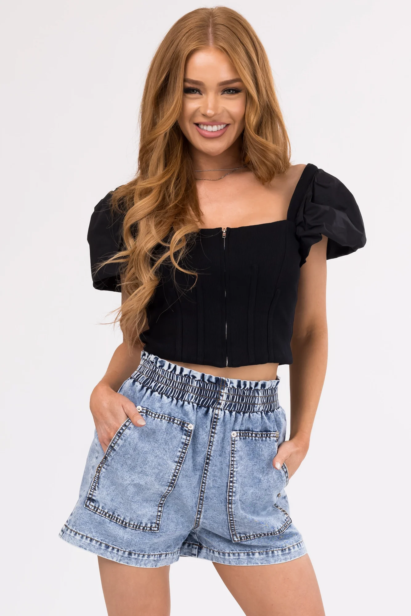 Ribbed Knit Zip Up Black Crop Top
