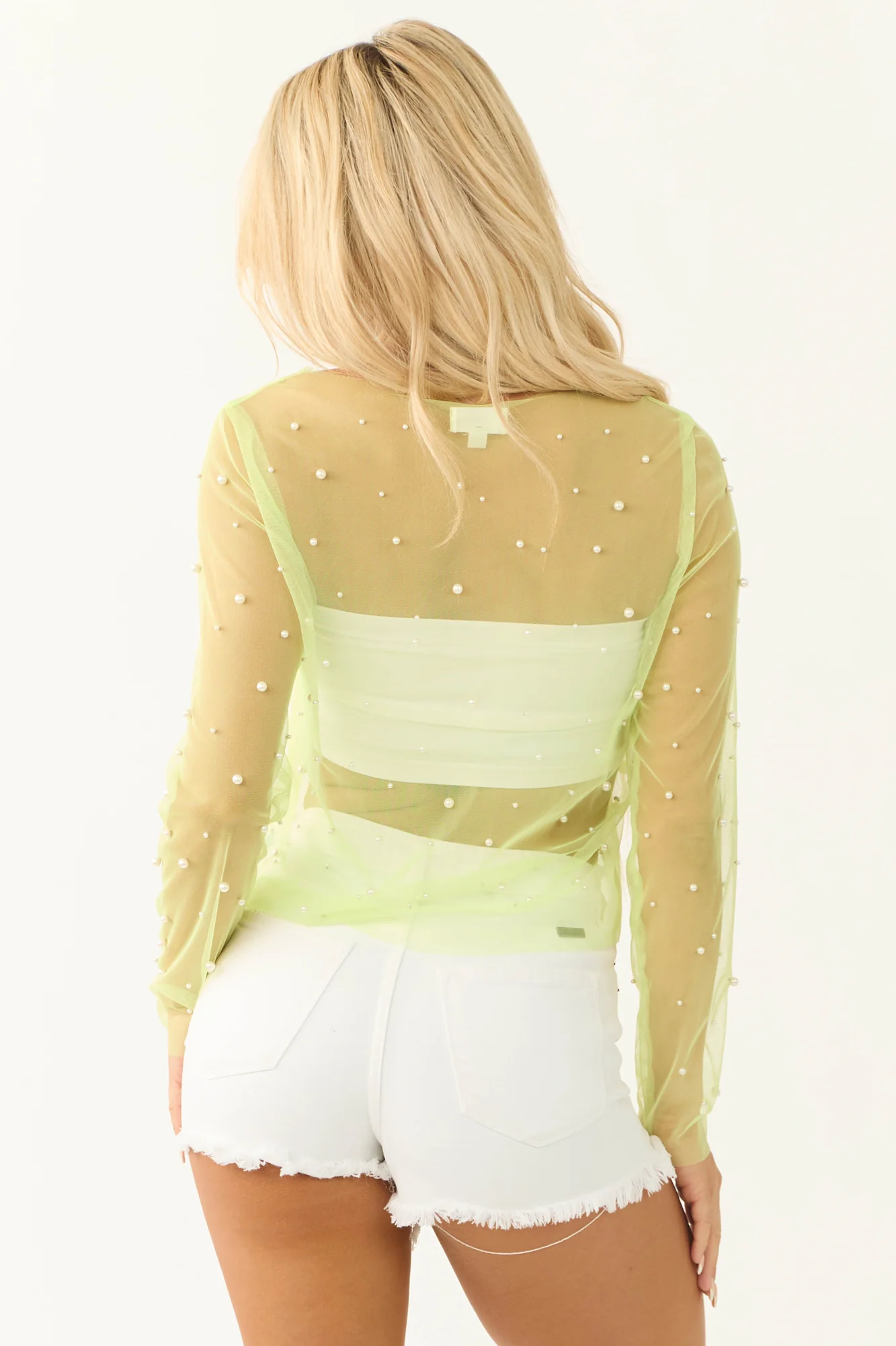 Green Sheer Mesh Pearl Detail Long Sleeve Top