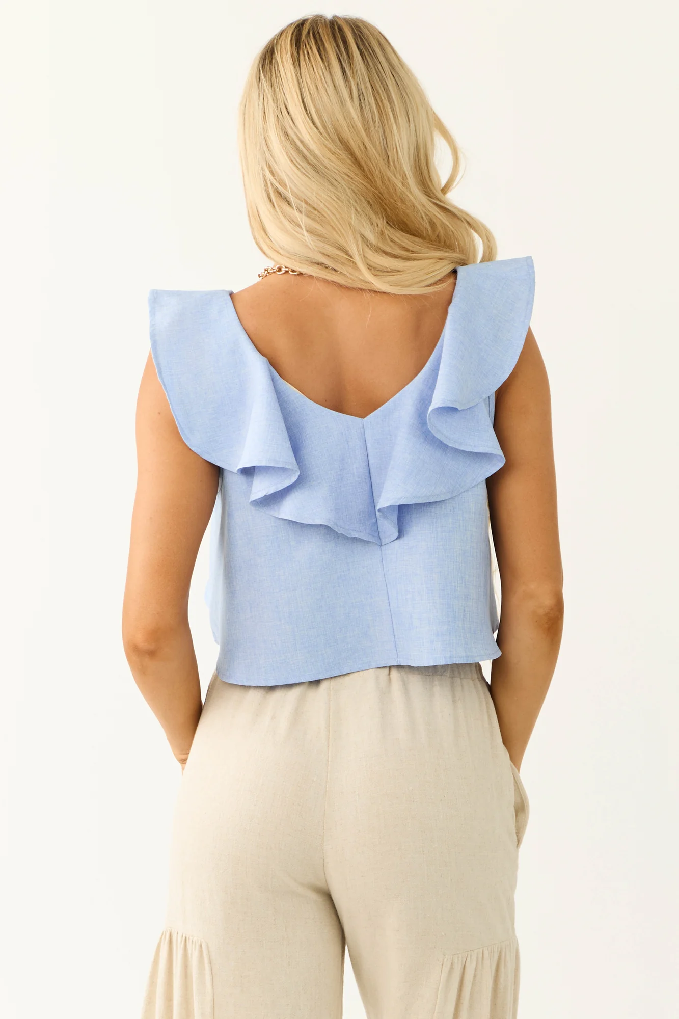 Cornflower V Neck Ruffle Blouse
