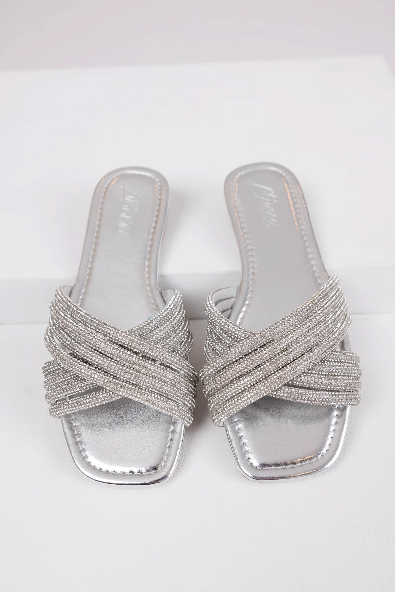 Silver Rhinestone Slide Sandals Womens Casual Square Toe Shoes