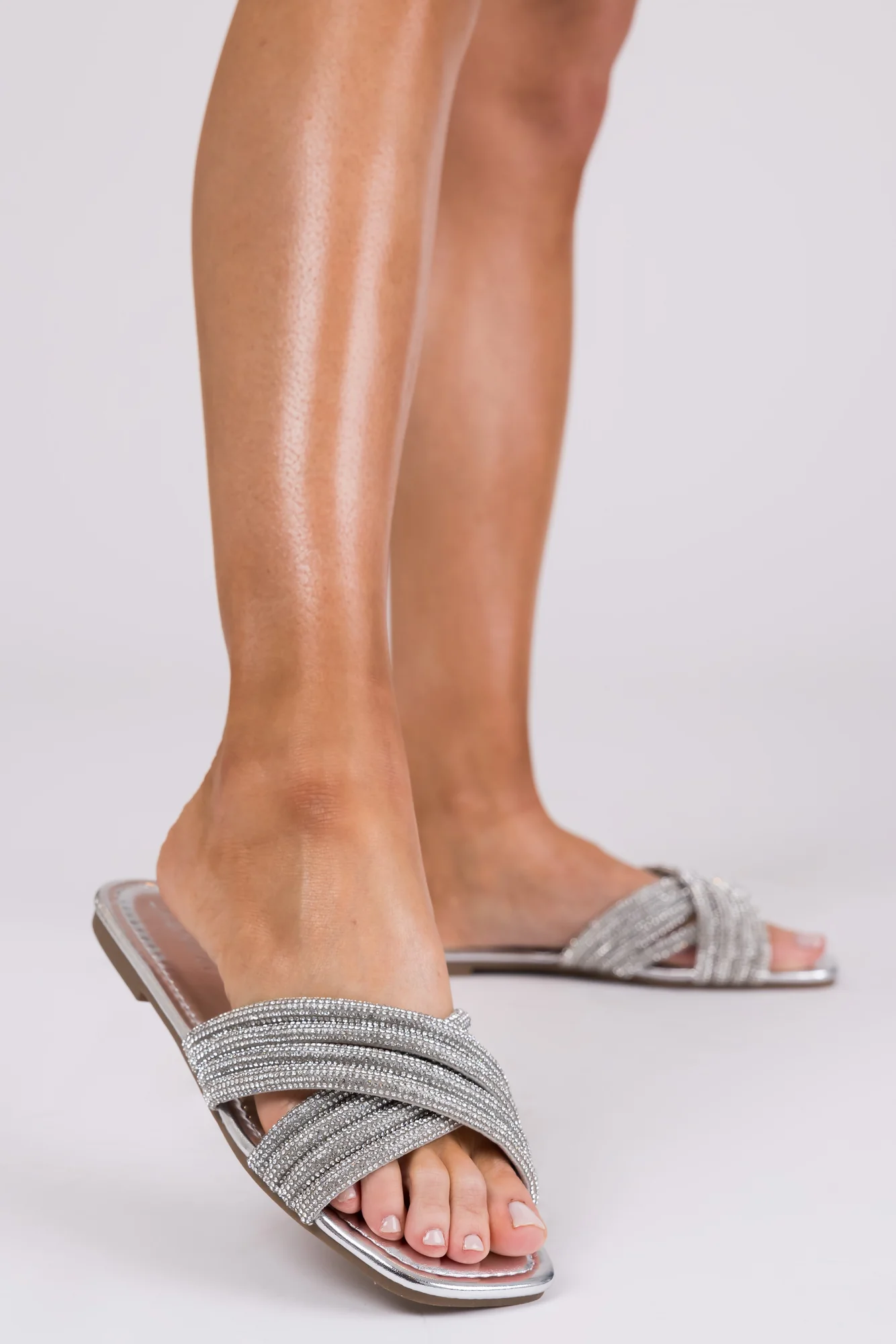 Silver Rhinestone Slide Sandals Womens Casual Square Toe Shoes