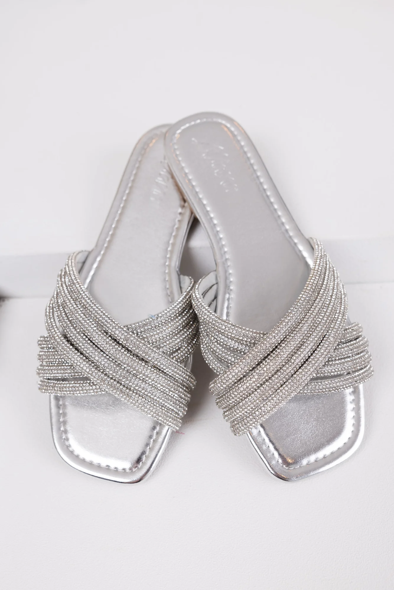 Silver Rhinestone Slide Sandals Womens Casual Square Toe Shoes