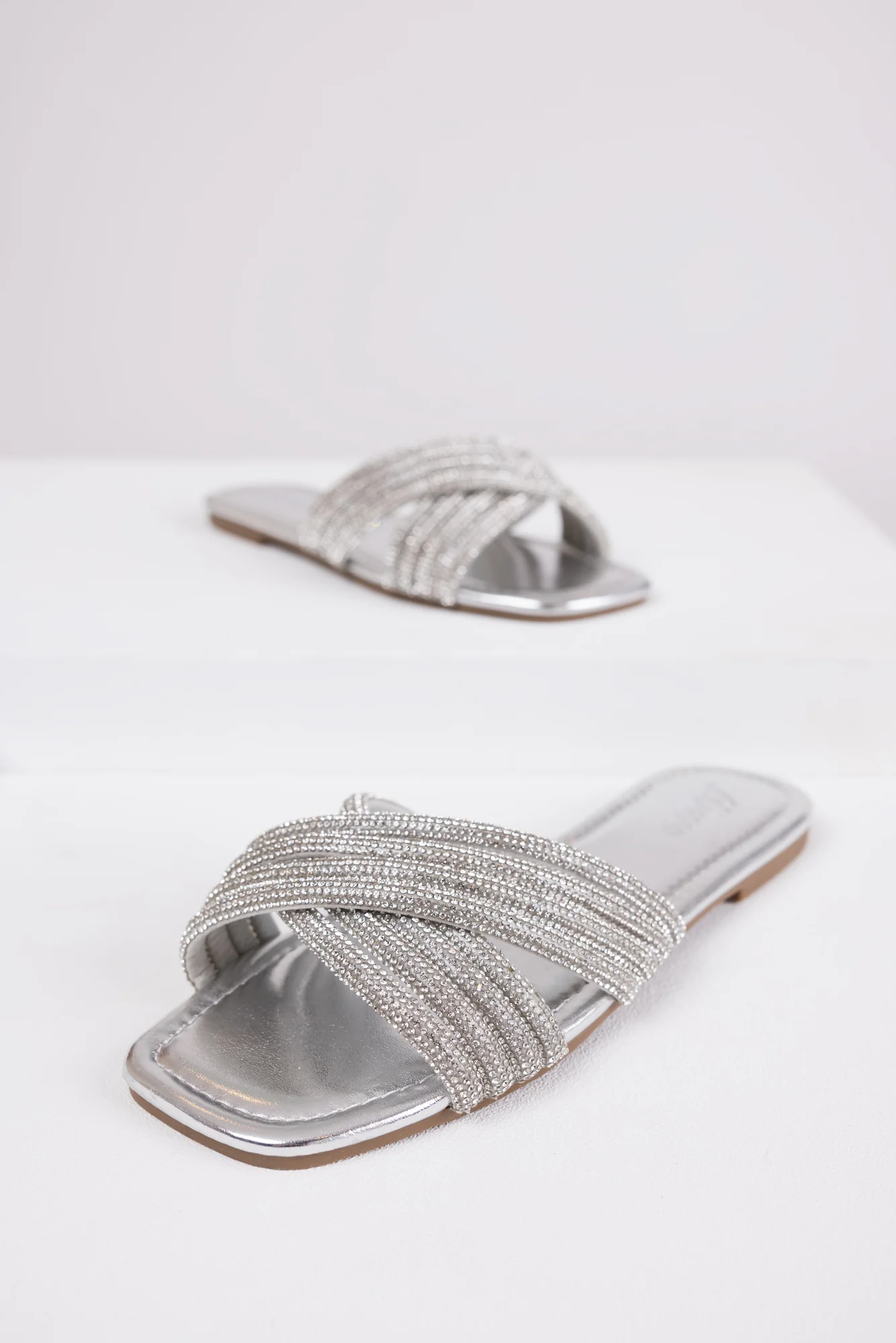 Silver Rhinestone Slide Sandals Womens Casual Square Toe Shoes