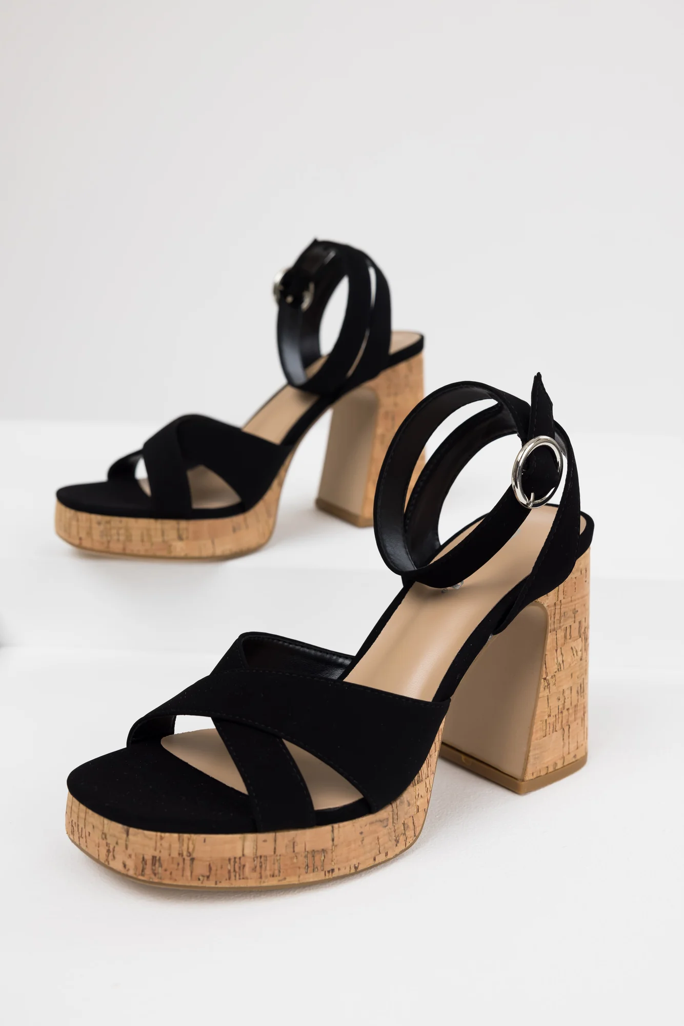 Black Cork Platform Heels with Ankle Strap - Stylish Block Heels
