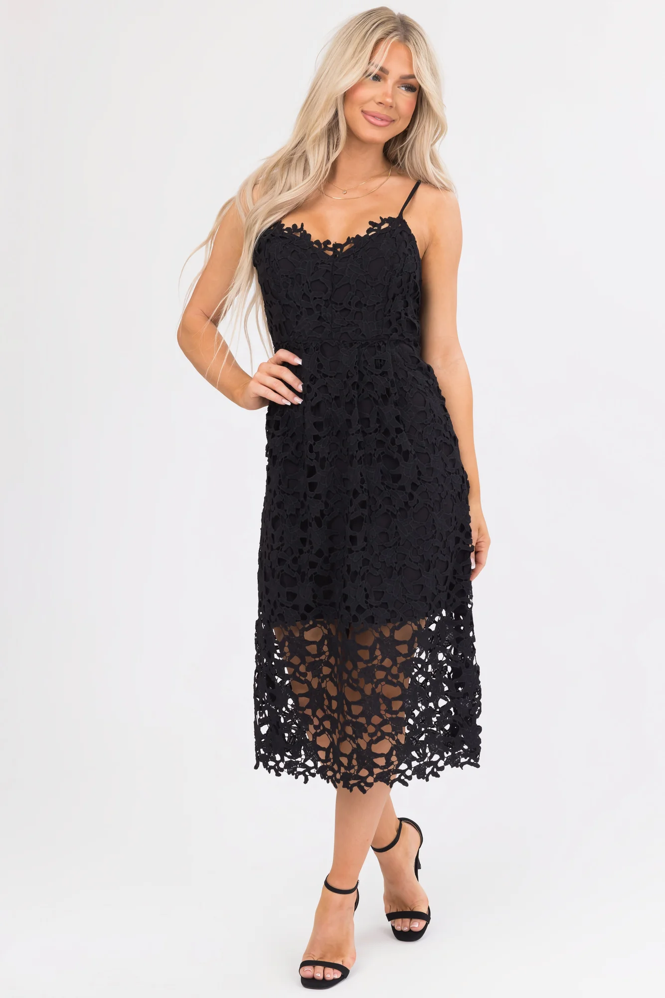 Black Lace Sleeveless V-Neck Midi Dress