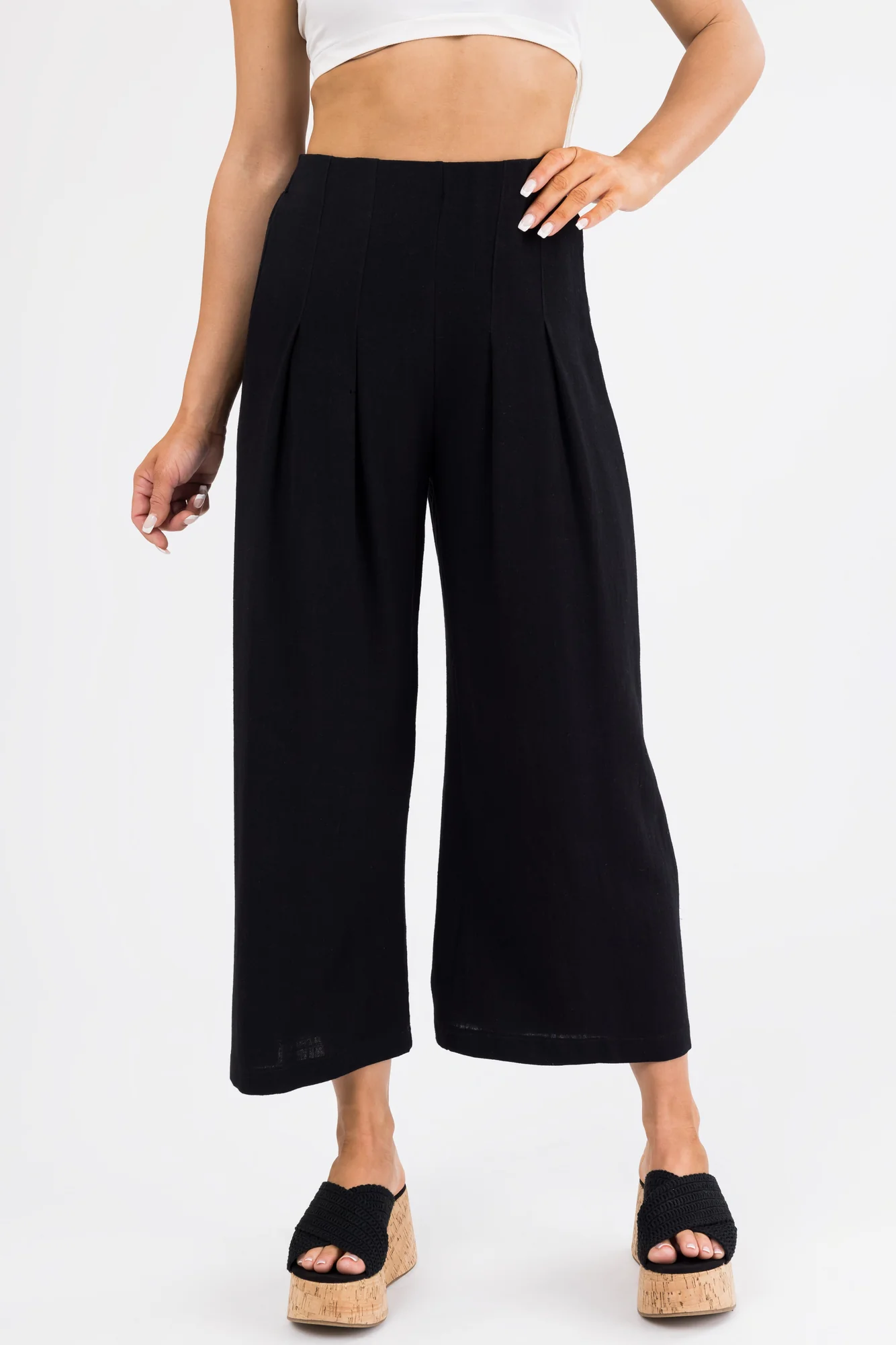 Black Wide Leg High Waisted Linenblend Palazzo Pants