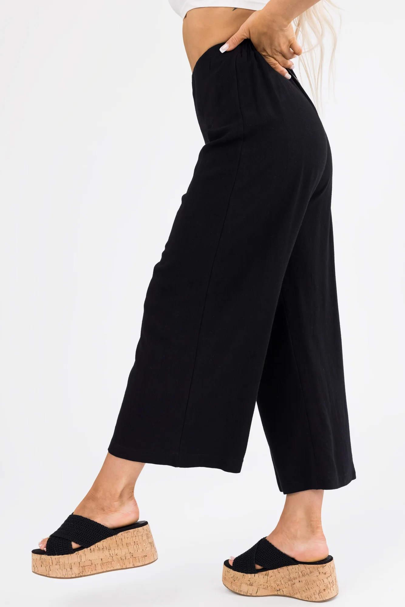 Black Wide Leg High Waisted Linenblend Palazzo Pants
