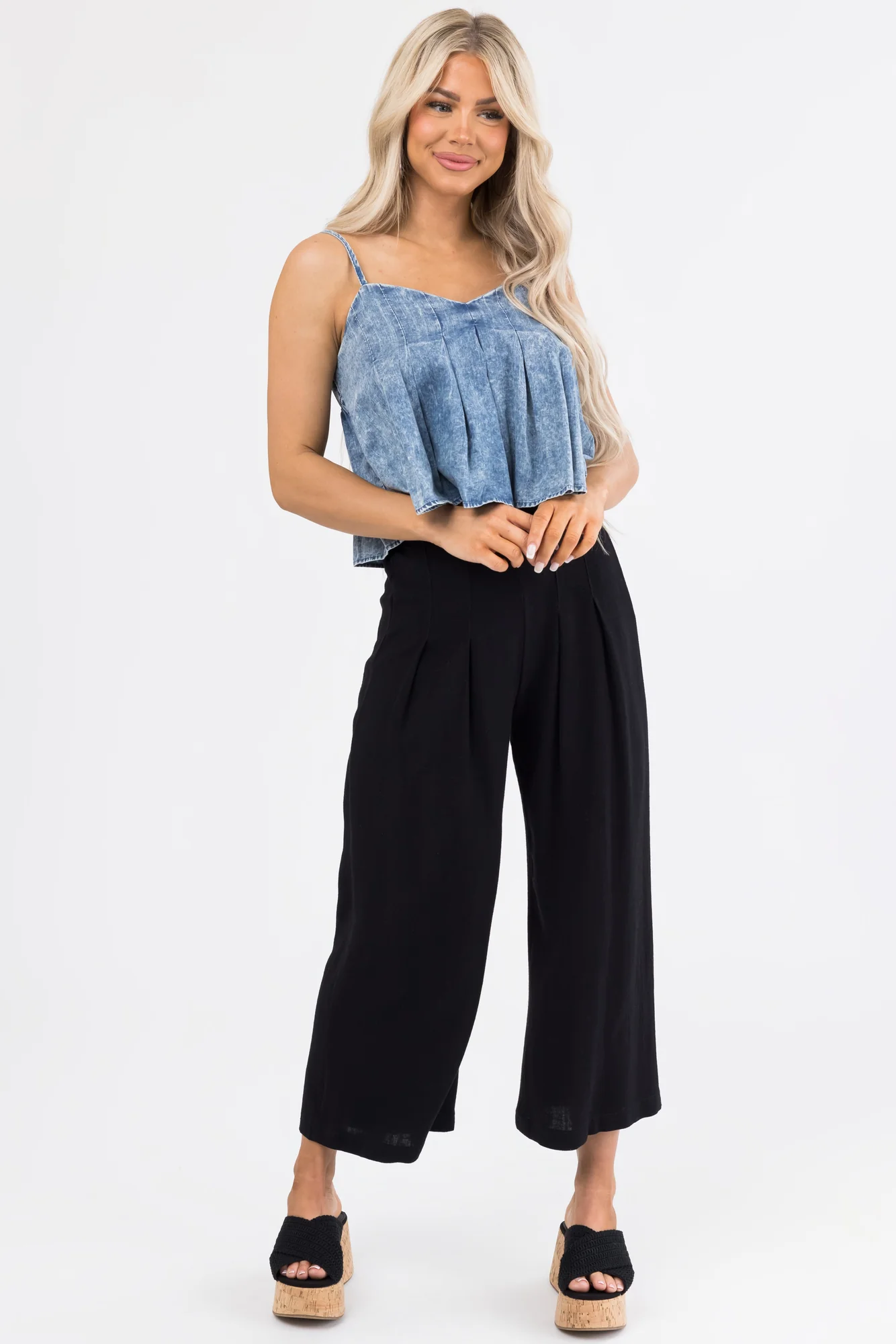 Black Wide Leg High Waisted Linenblend Palazzo Pants