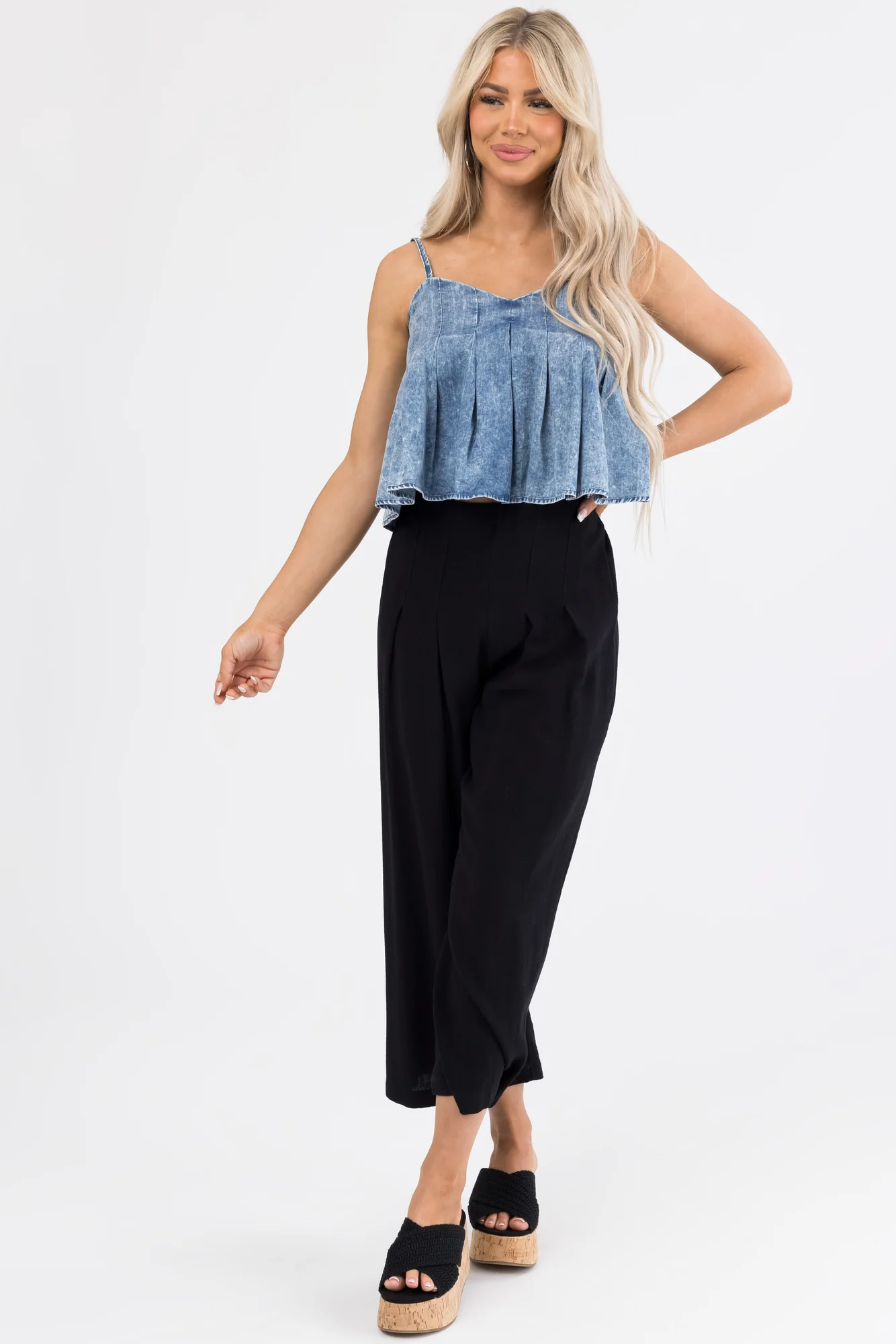 Black Wide Leg High Waisted Linenblend Palazzo Pants
