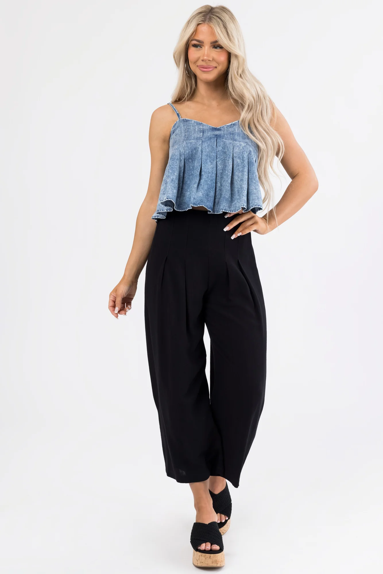 Black Wide Leg High Waisted Linenblend Palazzo Pants