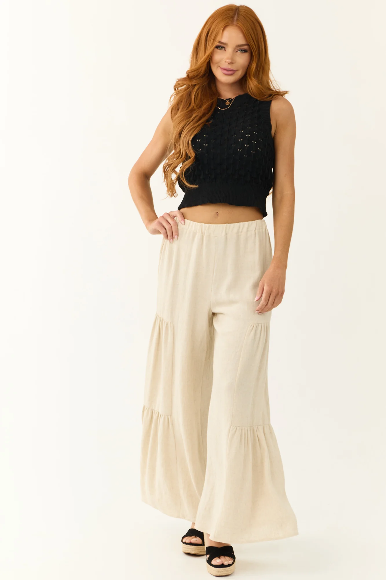 White Linen Tiered Ruffle Pants - High Waisted Elastic Waistband