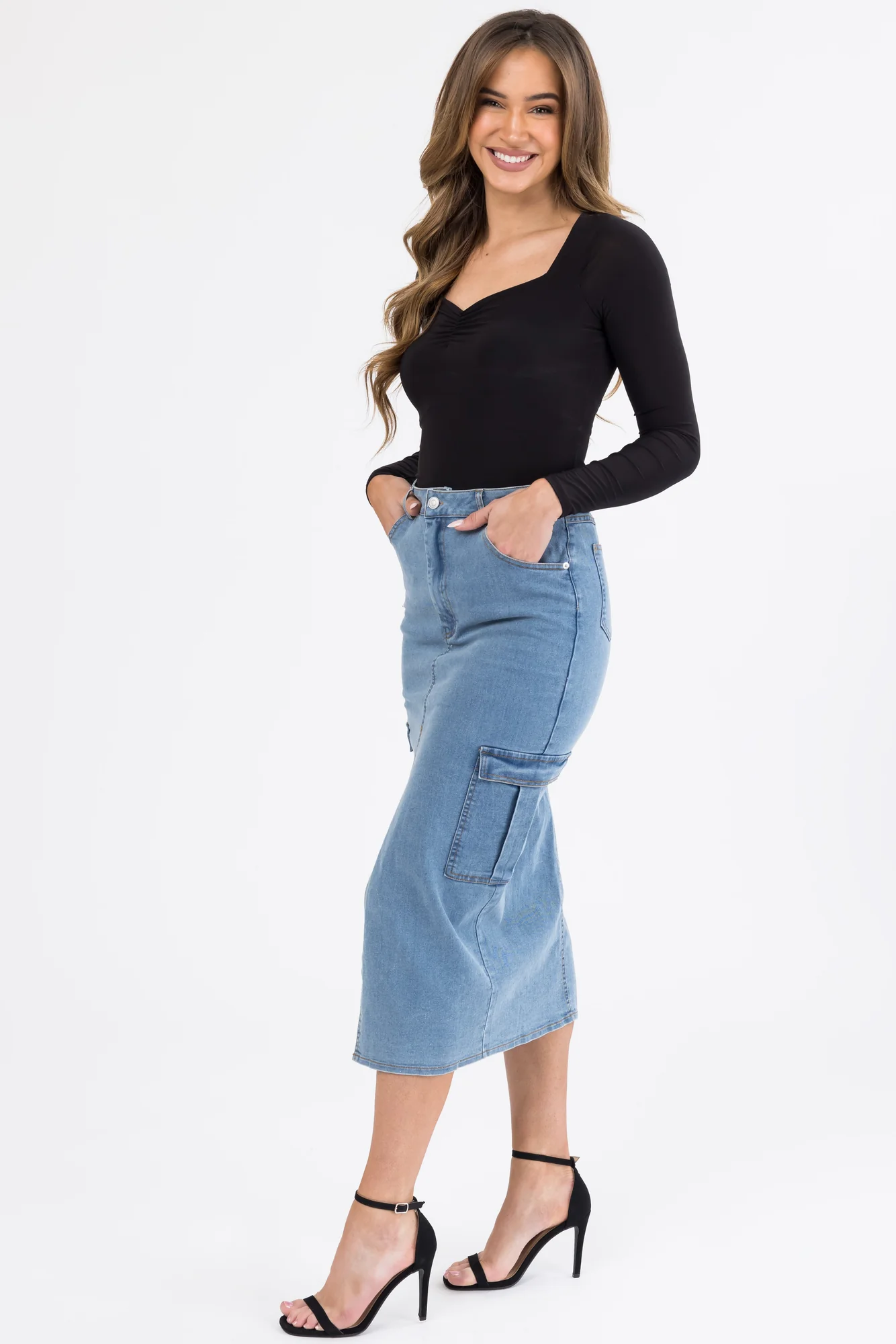 Blue Denim Midi Skirt with Thigh-High Slit