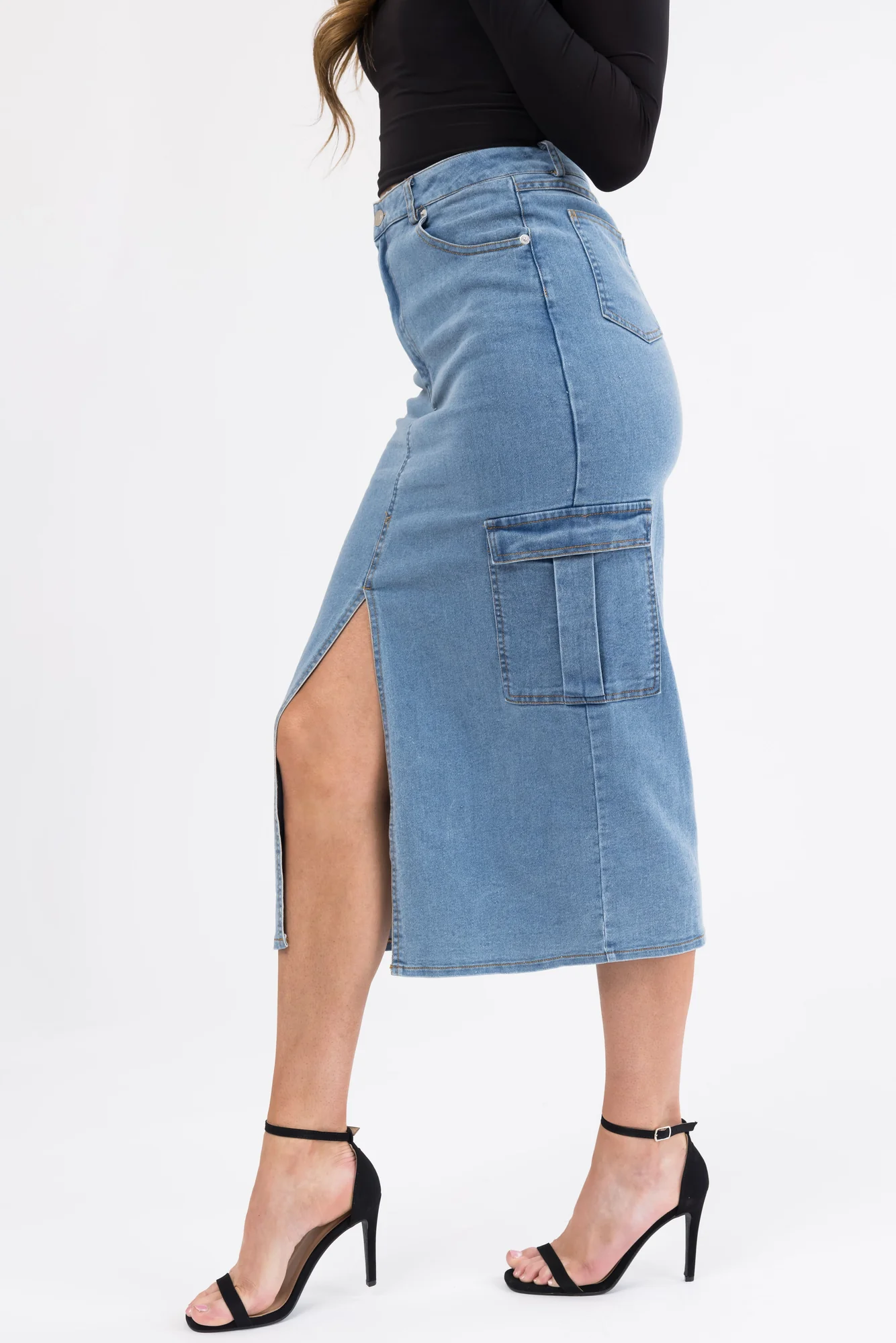 Blue Denim Midi Skirt with Thigh-High Slit