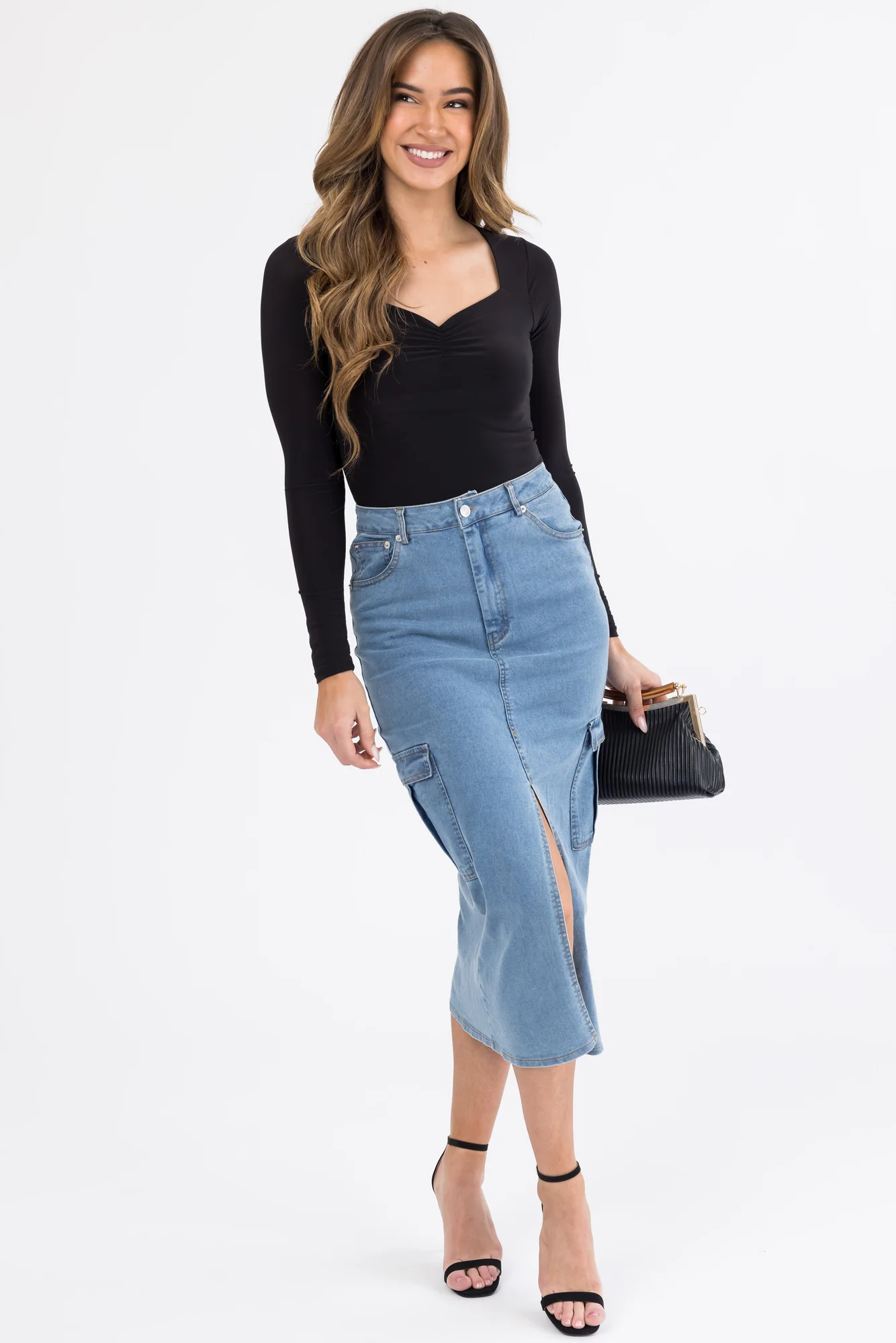 Blue Denim Midi Skirt with Thigh-High Slit
