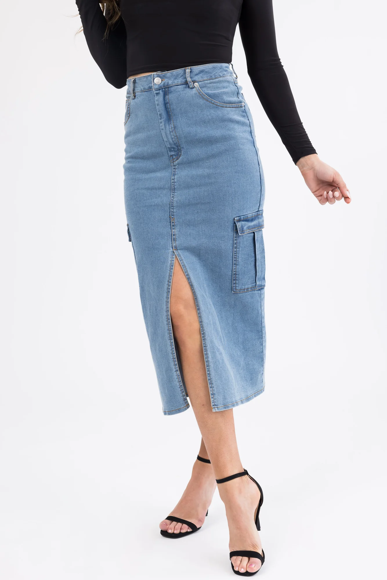 Blue Denim Midi Skirt with Thigh-High Slit